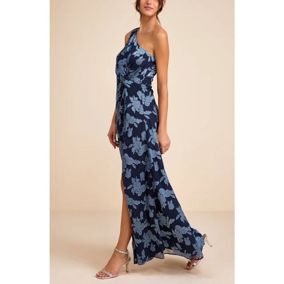 Lulu's Dresses & Skirts - Lulus One Shoulder Floral Jacquard Maxi Dress Medium Navy Blue Wedding Guest